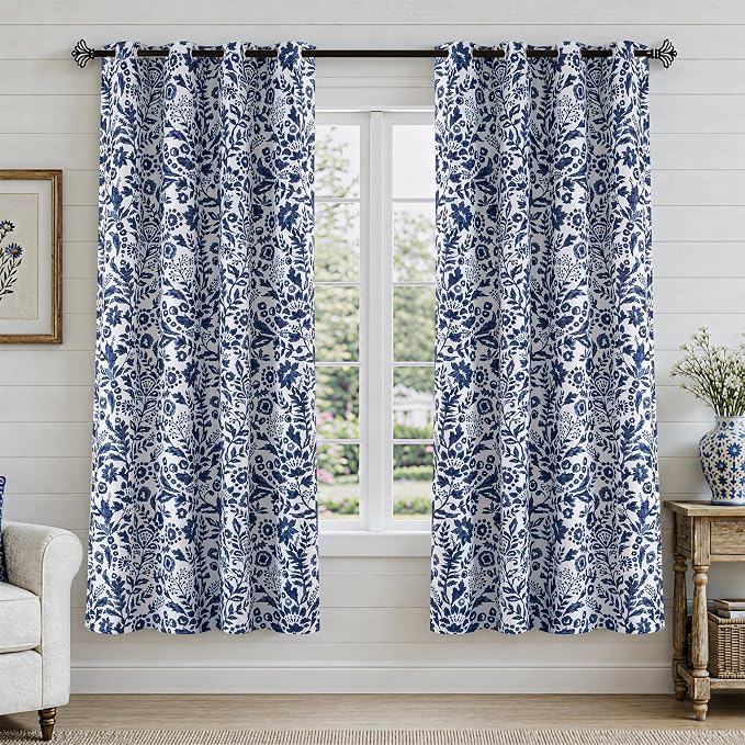 DriftAway Julia Blackout Curtains Grommet 2 Panels, W52xL63, Navy | Floral Curtains, Bedroom, Living Room, Room Darking, Watercolor Pattern, 2 Layers, Thermal Insulated, Window Treatment