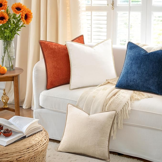 decorUhome Fall Soft Decorative Chenille Throw Pillow Covers 16x16 Set of 4 | Beige Rust Cozy Decorative Modern Farmhouse Neutral Pillow Cases with Stitched Edge for Couch Sofa Bed Living Room Home Decor