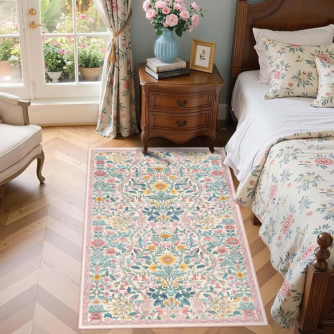 3x5 Light Pink Boho Floral Washable Rug,Soft Lightweight Low Pile Non-Shedding Carpet,Machine Washable Stain Resistant & Non-Slip for Entryway,Girls Bedroom,Kids Room,Living Room