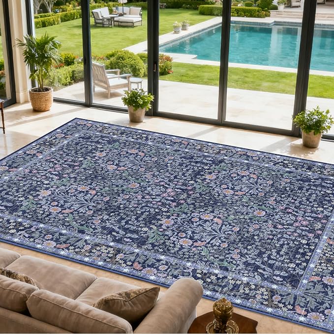 9x12 Washable Area Rugs for Living Room, Stain Resistant Vintage Rugs for Dining Room Under Kitchen Table, Bedroom, Floral Low Pile Non-Slip Large Carpet (9 x 12 Blue)