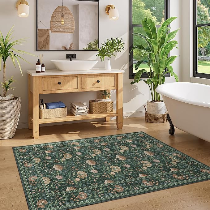 DUKINO 3x5 Rug, Washable Vintage Floral Bedroom Area Rug Non Slip, Green | Low Pile, Non-Shedding, Stain Resistant Boho Lightweight Soft Indoor Carpet for Bathroom Office Dining Living Room Farmhouse