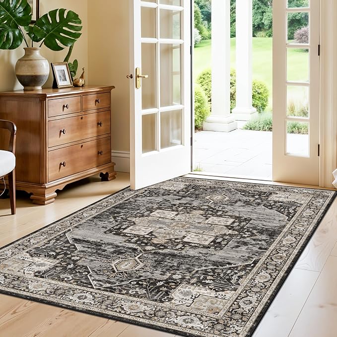 RUUGME Washable Entryway 4x5 Rug- Vintage Area Rug for Living Room Bedroom Kitchen Stain Resistant Carpet Low Pile Ultra-Thin Rugs with Non Slip Backing Home Decor 4X5 Black