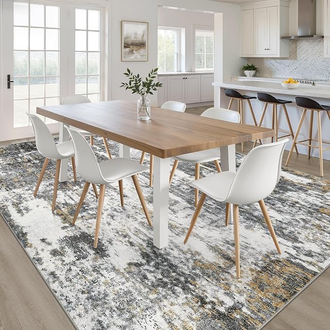 8x10 Area Rugs Living Room: Washable Large Neutral Rug Abstract Soft Modern Stain Resistant Indoor Floor Non-Slip Carpet for Bedroom Nursery Kids Office Playroom Dining Room- Black White Gold