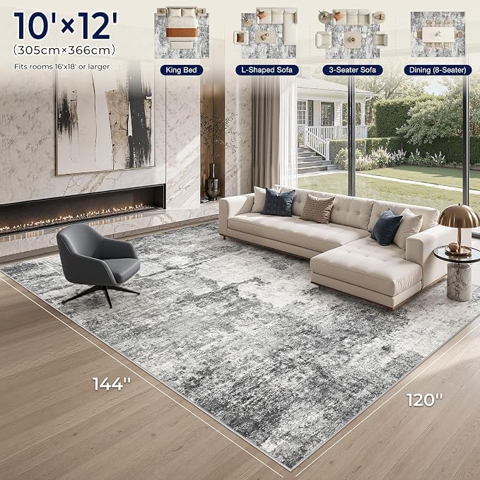 DMOYEST 10x12 Area Rug for Living Room, Washable & Non Slip Large Indoor Carpet, Kid & Pet Friendly Soft Thin Low Pile Abstract Rug for Bedroom and Office - Grey