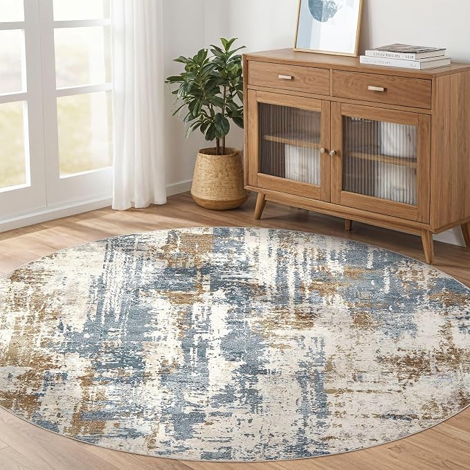 7ft Round Rug Living Room Rugs: 7x7 Washable Circle Large Abstract Modern Soft Stain Resistant Non Slip Indoor Floor Carpet for Bedroom Nursery Office Dining Room Dorm Home House- Tan Blue