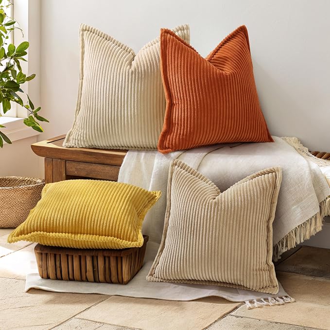 decorUhome Fall Corduroy Rust Throw Pillow Covers 22x22 Set of 2 | Euro Sham Couch Decorative Soft Modern Boho Farmhouse Pillow Covers Broadside Striped Pillow Cases for Living Room Bed Sofa