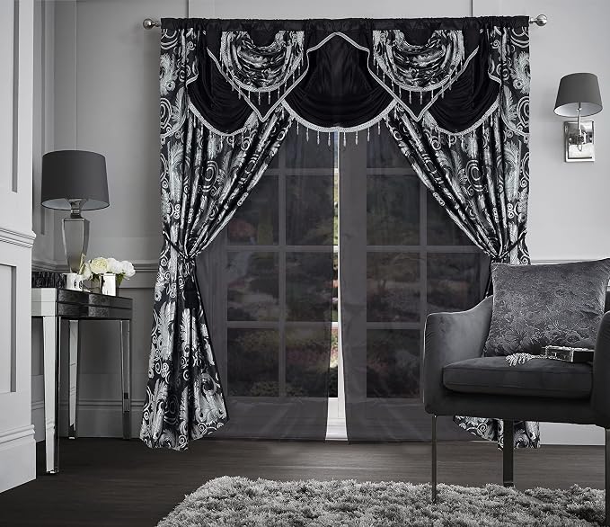 GLORY RUGS Jacquard Luxury Window 2 Panel Set Black Curtain with Attached Valance and Backing Bedroom Living Room Dining 2 Curtains 55x84 inches Each Jana