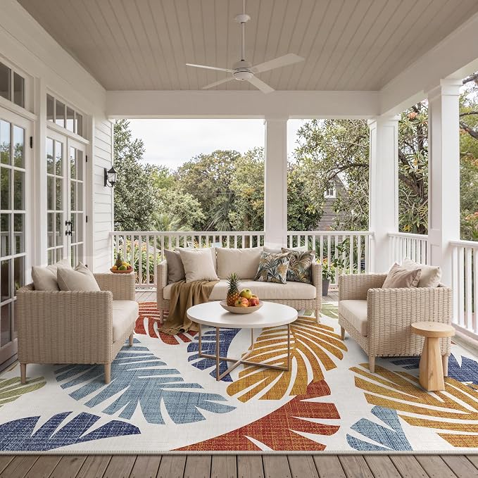 GENIMO 10x14 Outdoor Rug, Washable Quick Dry for Patio, Leaf Rust Navy | Botanical leaf design for gazebo; lightweight chenille with quick-dry non-slip backing for indoor living spaces.