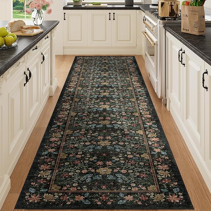 DUKINO 3x6 Kitchen Runner Rug, Washable Vintage Floral Area Rug, Black | Non Slip, Low Pile, Non-Shedding, Aesthetic Soft Indoor Carpet for Hallway Bedroom Entryway Laundry Room Bathroom Farmhouse
