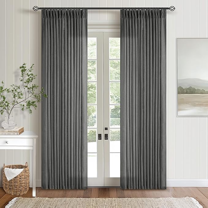 Charcoal Grey 84 Inch Pinch Pleated Linen Semi Sheer Curtains 2 Panel Set | for Living Room Dining Bedroom, Thick Linen Textured Drapes, Light Filtering, Pinch Pleat with Back Tab, Dark Slate Grey