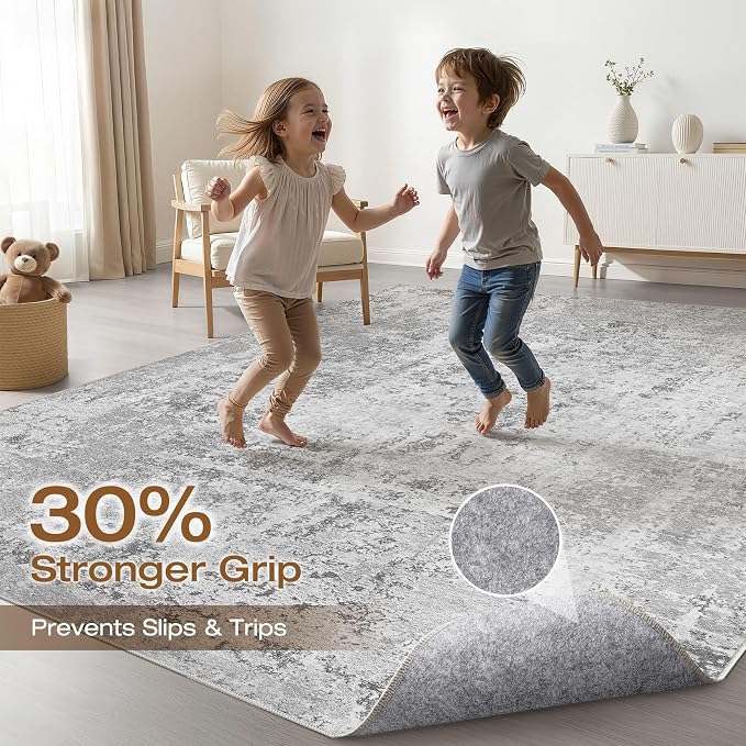 5x8 Area Rug Living Room: Washable Large Neutral Rug Abstract Soft Modern Stain Resistant Indoor Floor Non-Slip Carpet for Bedroom Nursery Kids Office Playroom Dining Room Under Table- Light Gray