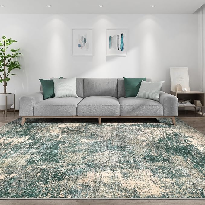 Abstract 7x9 Area Rug: Machine Washable Non Slip Ultra Thin Low-Pile Carpet, Soft Stain Resistant for Living Room Bedroom Nursery, Kid Pet Friendly, Robot Vacuum Compatible - Dark Green/Beige