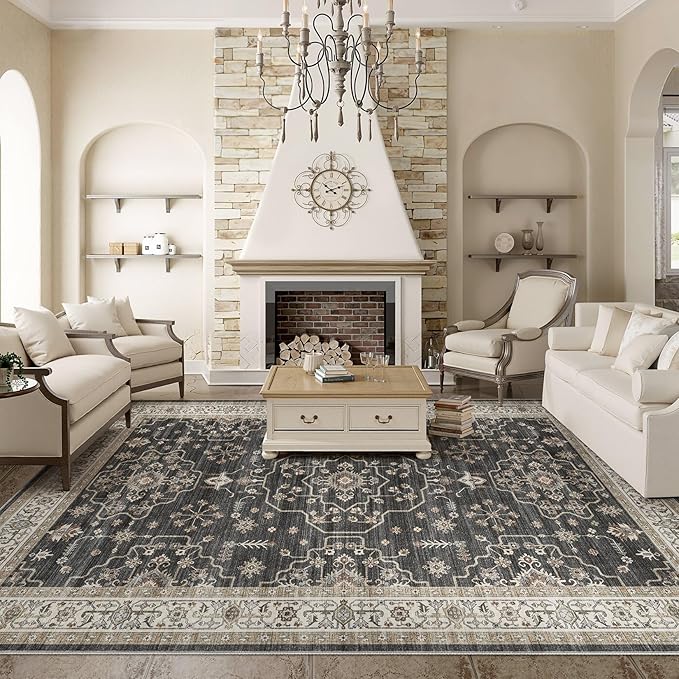 Area Rug for Living Room - 8x10 Soft Washable Oriental Vintage Floral Distressed Large Carpet - Fade Stain Resistant Non Slip Rugs for Bedroom Dining Room Nursery Dorm Office Home Decor - Black