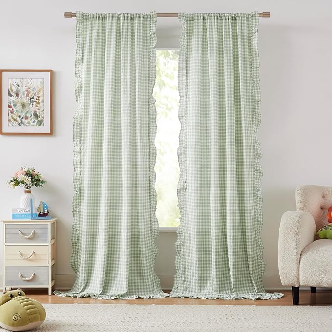 ZJDECOR Sage Green Buffalo Plaid Ruffled Window Curtains 84 Inches Length | Rustic Not-See-Through Sheer Curtains,Shabby Chic Window Treatment,Bedroom Living Room,Rod Pocket,40"Wx84"L,Pack of 2