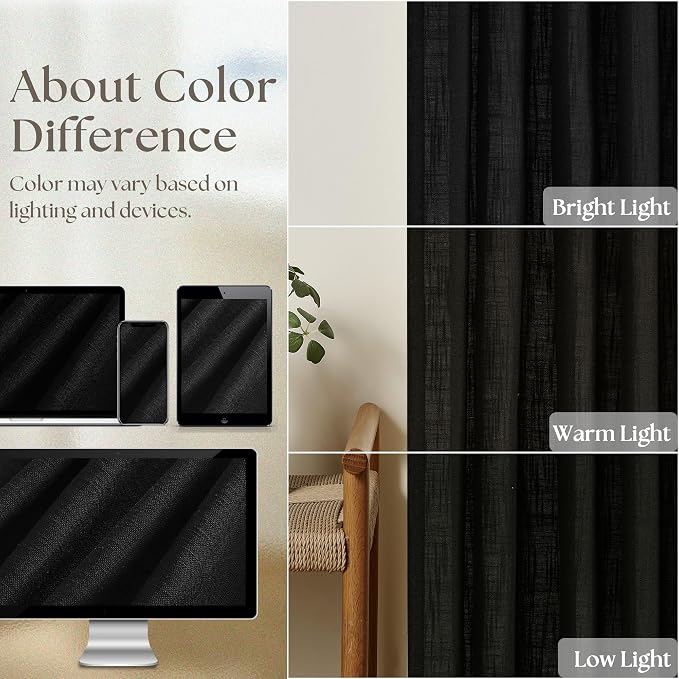 Black Pinch Pleated Linen Semi Sheer Curtains 45 Inch Length 2 Panels Set | for Kitchen Small Bay Window Basement, Pinch Pleated with Hooks Rings Back Tab, Memory Shape, Thick Linen Semi Sheer, W40xL45