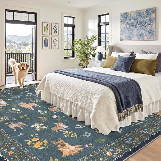 Soalmost Dog 8x10 Area Rugs for Living Room, Washable Soft Rug Navy Blue | Floral Vintage Non-Slip Low Pile Cute Animal Throw Large Rugs for Classroom Bedroom Dining Room Nursery Playroom 8' x 10'