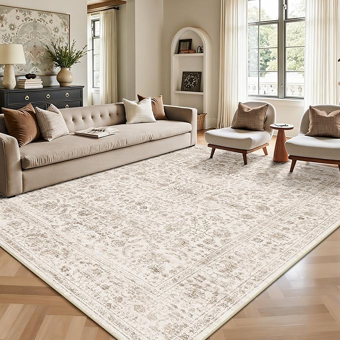 5x7 Area Rugs, Washable Vintage Retro Floral Rug for Living Room, Low Pile Non Slip Distressed Large Carpet for Bedroom, Dining Room, Office, Home (Light Brown)