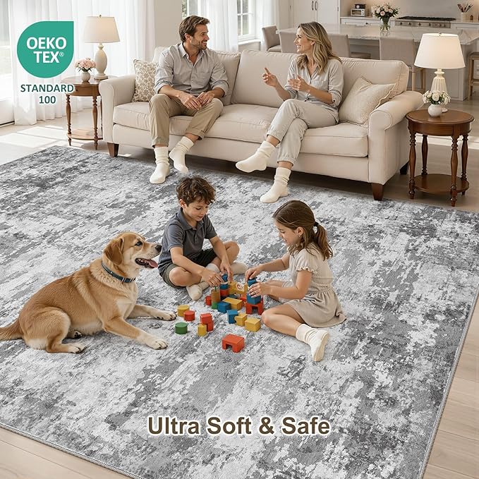 Neutral Washable Area Rug 3x5, Abstract Small Rugs for Entryway | Neutral Modern Non Slip Carpet, Stain Resistant and Joint-Friendly, Made for Bedroom, Kitchen, Indoor Front Door - Dark Gray