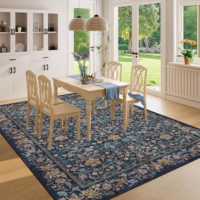 DUKINO 5x7 Area Rugs, Vintage Floral Washable Rug for Living Room Dark Blue | Non Slip, Low Pile, Soft, Lightweight, Boho Indoor Carpet for Bedroom, Office, Dining Room, Dorm Room, Farmhouse, Home Decor