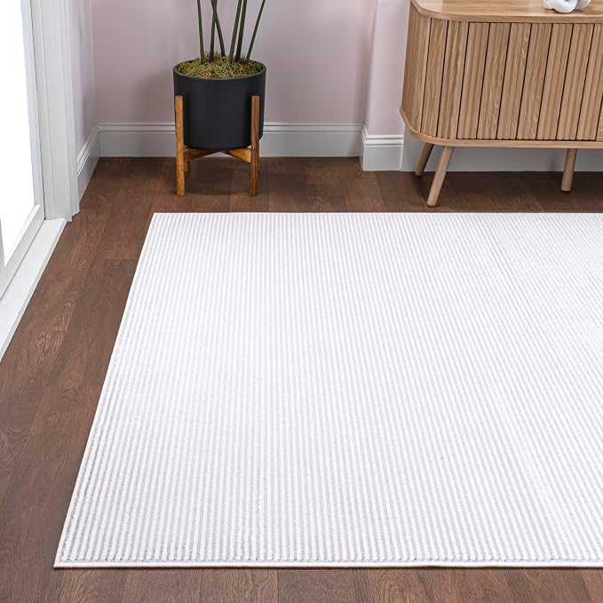 JONATHAN Y Cole Pinstripe High-Low White/Silver Indoor Area Rug, 5x8, Modern, Minimalist, Easy-Cleaning for Living Room, Bedroom, Kitchen, Pet Friendly, Non-Shedding (CAR101C-5)