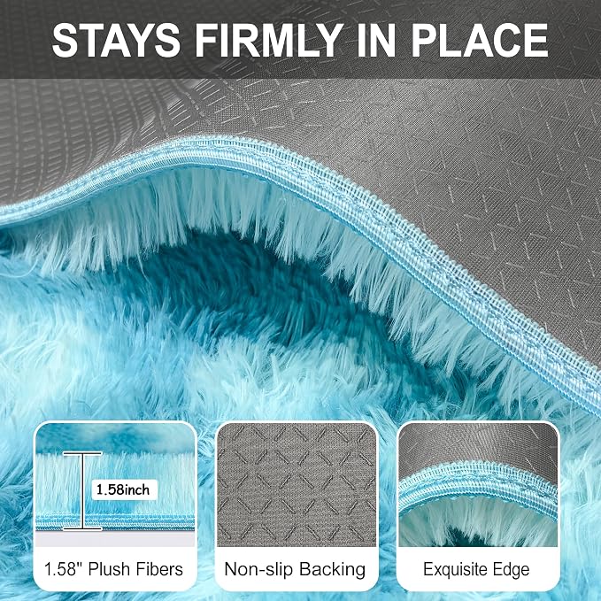 Light Blue Fluffy Rug for Bedroom Living Room, 2x8 ft Soft Sky Blue Bedroom Runner Rug for Bedside Kids Boys Room Hallway, Washable Fuzzy Kids Rugs Plush Shag Carpet for Nursery Dorm