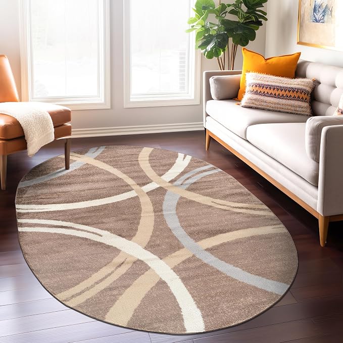 Rugshop Wavy Circles Modern Non-Shedding Living Room Oval Rug Brown 5' x 7'