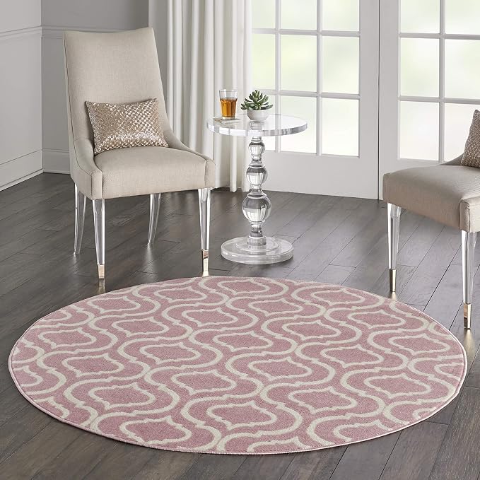 Nourison Home Jubilant Pink 5'3" x Round Area Rug - Easy Clean, Non Shedding, Bed Room, Living Room, Dining Room, Kitchen (5' x Round)