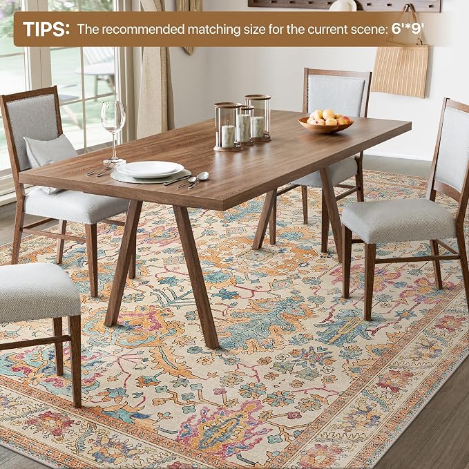 Area Rugs 8x10 Clearance Washable Boho Rug for Bedroom Living Room, Non Slip Thin Low Pile Chenille Carpet for Dining Room,Vintage Farmhouse, Turmeric