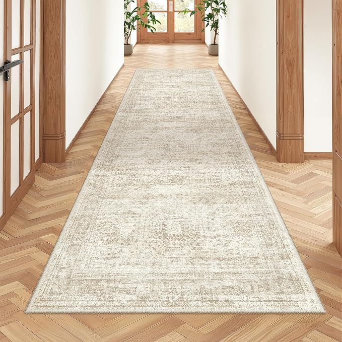 2'6 x 8' Runner Rug Non Slip,Washable Kitchen Rugs,Beige | Neutral Rugs for Kitchen,Entryway,Bedroom,Bathroom,Nursery Room,Thin,Soft Runner Rug,Stain Resistant Indoor Carpet