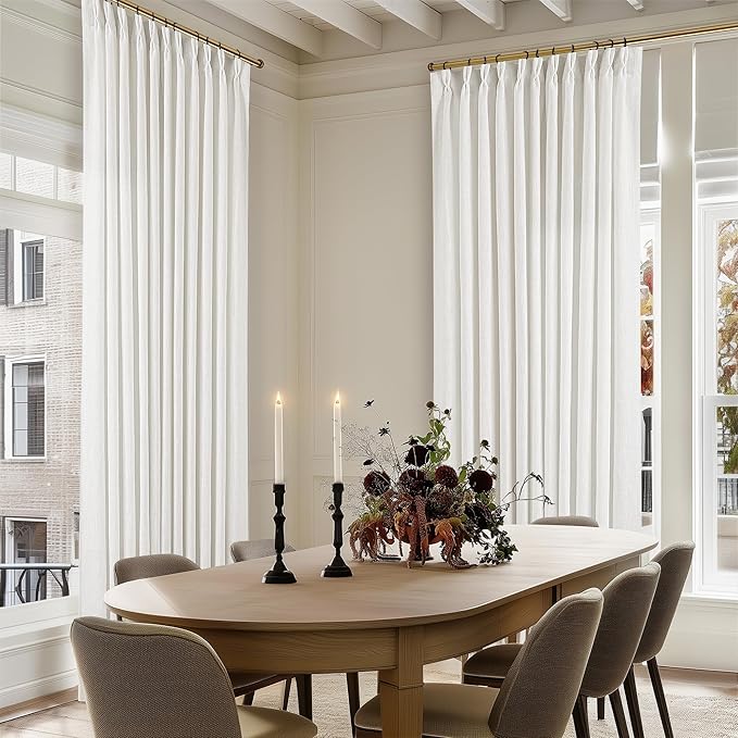 TWODRAPES Extra Wide Linen Curtains 102 Inches Long 70 Inch Wide for Living Room Bedroom Light Filtering Beige Off White Pinch Pleated Curtains Hooks Rings Back Tab for Sliding Door 1 Panel 70Wx102L