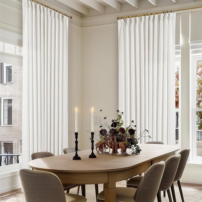 Extra Wide Pinch Pleat Curtains 120 Inches Long for Patio Sliding Glass Door White Linen 70 Inch Wide Curtain Memory Trained Pleated Drapes with Hooks Rings Semi Sheer 70x120 Curtain for Large Window