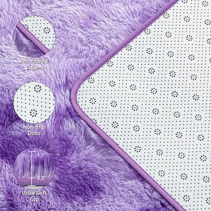 Deerhoo Soft Modern Shaggy Fluffy Carpets for Living Room Bedroom Girls Room Nursery Home Decor, 4 X 6 Tie-Dyed Plush Fuzzy Rugs, Indoor Carpet Shag Area Rug for Kids Room, Purple