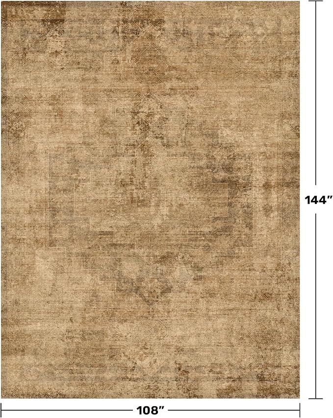 Hazo Haus Large Brown Golden Rug for Living Room - Rustic Farmhouse 9x12 Area Rug for Dining Room Table, Bedroom Under Bed, Non Slip with Rubber Backing & Stain Resistant
