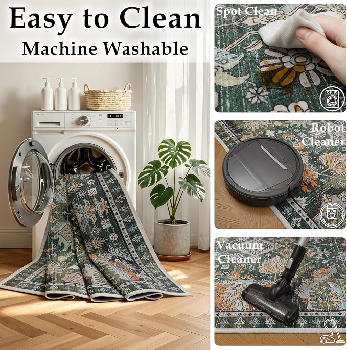Ruaruarug Area Rug 8'×10', Non Slip Machine Washable Ultra Soft Stain & Fade Resistant, Pet & Kids Friendly, for Living Room/Bedroom/Kitchen/Classroom, Dark Green