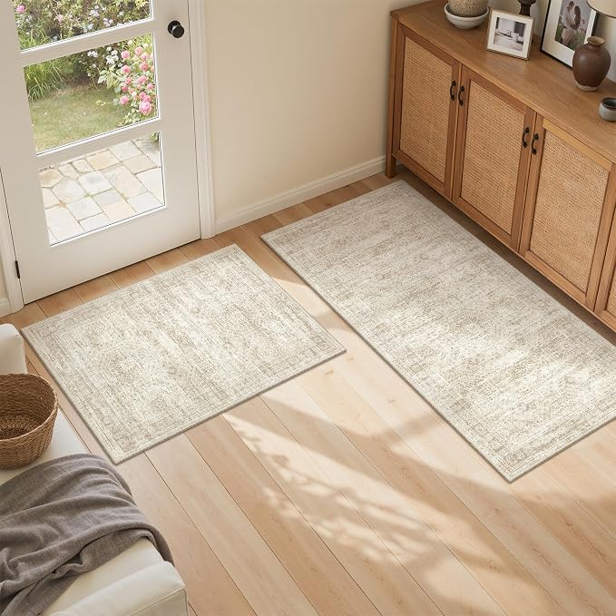 Kitchen Rugs Sets of 2, 2x3 2x4 Rug Runner,Beige | 2 Piece Washable Rug for Hallway,Entryway,Bedroom,Dining Room,Thin,Soft Runner Rug,Stain Resistant Indoor Carpet,Non Slip