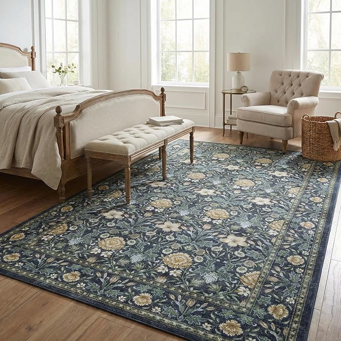 GarveeHome Large Area Rugs 9x12 for Living Room, Retro Floral Washable Rug Soft Non Slip Floor Mat Carpet Indoor Thin Accent Rug for Bedroom Dining Room Playroom Nursery Home Decor