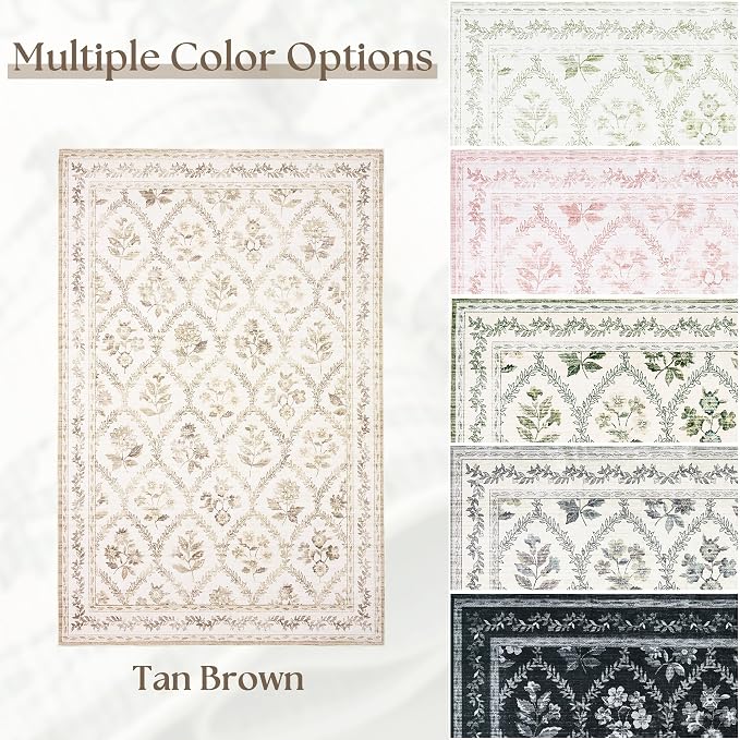 Area Rug Tan 6x9 Boho Floral Washable Area Rug Non Slip Carpet Floor Indoor for Living Room, Machine Washable Floor Covering for Geust Bedroom, Brown Counrty Floral for Dining Room