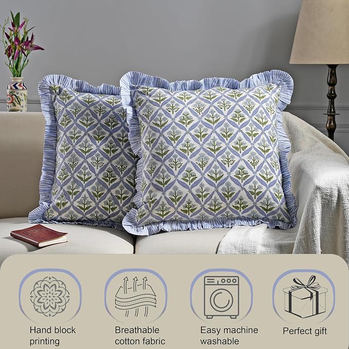 Ridhi Block Print Light Steel Blue Throw Pillow Cover 16" x 16" (Pack of 2) Decorative Cushion Covers with Ruffle for Couch, Sofa, Bed, Living Room, Home Decor Gift for Spring, Easter, Valentine