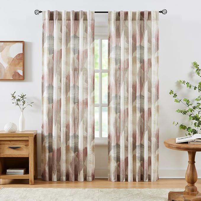 Kayne Studio Boho Geo Semi Sheer Curtain Panels Curtains,Red Tan Watercolor Print Light Filtering Farmhouse Drapes for Living Room Bedroom, Back Tab Rod Pocket Window Treatment,W52 x L95,Brown,2 PK