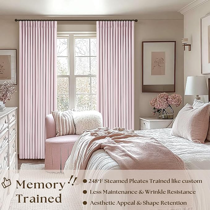TWODRAPES Light Pink 100% Black Out Pinch Pleat Linen 108 Inch Curtains | Black Out Curtains Lined 2 Layers, Memory Shape, Noise Reducing, Room Darkening, for Nursery Bedroom, W40xL108 2 Panels