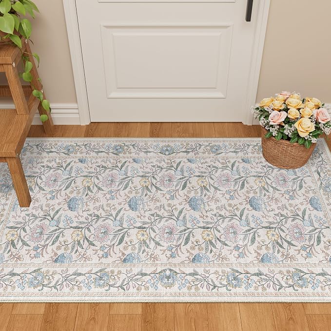 DUKINO 2x4 Rug, Washable Vintage Floral Entryway Rug Non Slip, Cream Blue | Low Pile, Non-Shedding, Stain Resistant Boho Lightweight Soft Indoor Carpet for Kitchen Bathroom Hallway Laundry Farmhouse