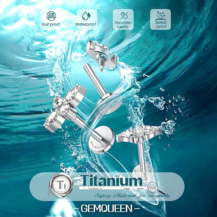 GEMQUEEN G23 Implant Grade Titanium 18G Internally Threaded Flat Back Earrings 5A CZ Studs: 14K Gold Hypoallergenic 3 Pcs Tragus Cartilage Conch Helix Piercing Jewelry for Sensitive Ears Women Men
