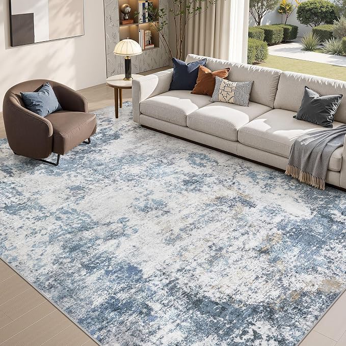 DMOYEST 9x12 Area Rug for Living Room, Washable & Non Slip Large Indoor Carpet, Kid & Pet Friendly Soft Thin Low Pile Abstract Rug for Bedroom and Office - Blue
