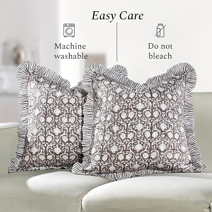 CPC Mocha Regal Hand Block Print 100% Cotton Ruffle Throw Pillow Cover 18x18 inch with Hidden Zipper Decorative for Couch, Bed, Sofa, Farmhouse, Cottagecore Decor Gift Christmas Fall Thanksgiving