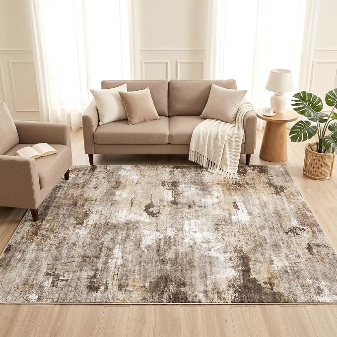 Washable Abstract Area Rug, Robot Vacuum Compatible, 0.3" Low Pile, Non-Slip Cotton-Backed with Silicone Backing, for Home Office Under Desk Dining Room, 5'x7', Neutral Taupe