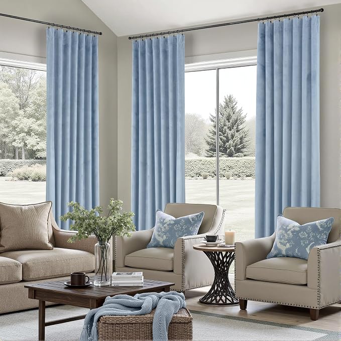 Dusty Blue Velvet Curtains 108 Inches Long 2 Panels Set Light Blue Luxury Blackout Curtains for Bedroom Living Room Super Soft Thermal Insulated Grey Blue Window Drapes Back Tab Rod Pocket 108 Length
