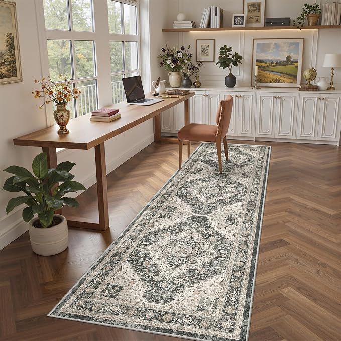Roxstand Washable 2.6x8 Hallway Runner Rug, Black/Beige | Low-Pile Carpet, Non-slip Backing,8ft Runner, Stain Resistant, Runner for Kitchen, Laundry Room, Entryway, Vintage Design