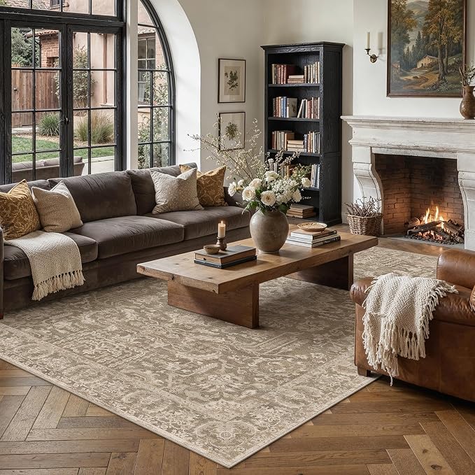 HUGEAR 8x10 Area Rug Taupe Machine Washable Rug Room Decor Distressed Vintage Living Room Rugs Low Pile Non Slip Soft Carpet for Bedroom Dining Room Office Soft Lightweight