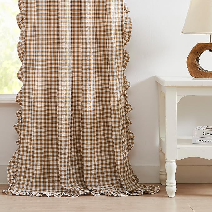 ZJDECOR Brown Buffalo Plaid Not-See-Through Sheer Curtains 72 Inches Long | Crinkle Woven Panels,Farmhouse Gingham Drapes,Neutral Window Treatment for Bedroom Living Room,Rod Pocket,40"Wx72"Lx2
