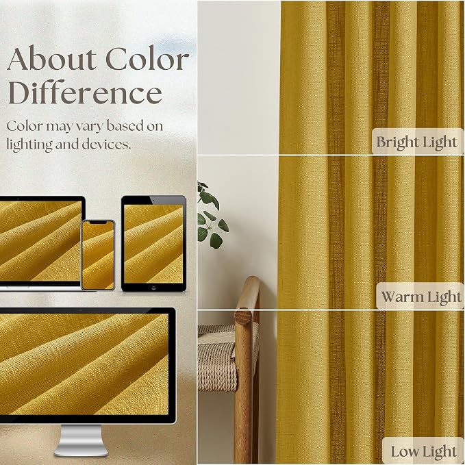 Mustard Yellow Pinch Pleated Linen Sheer Curtains 45 Inch Length 2 Panels | for Kitchen Small Bay Window Basement, Pinch Pleated with Hooks Rings Back Tab, Memory Shape, Thick Linen Semi Sheer, W40xL45